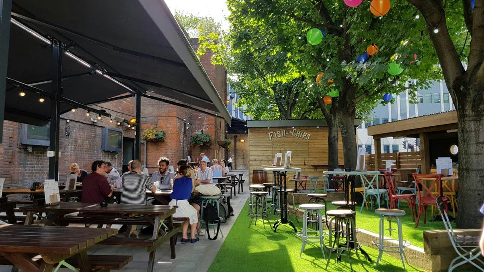 The Minories' beer garden with fish and chip hut