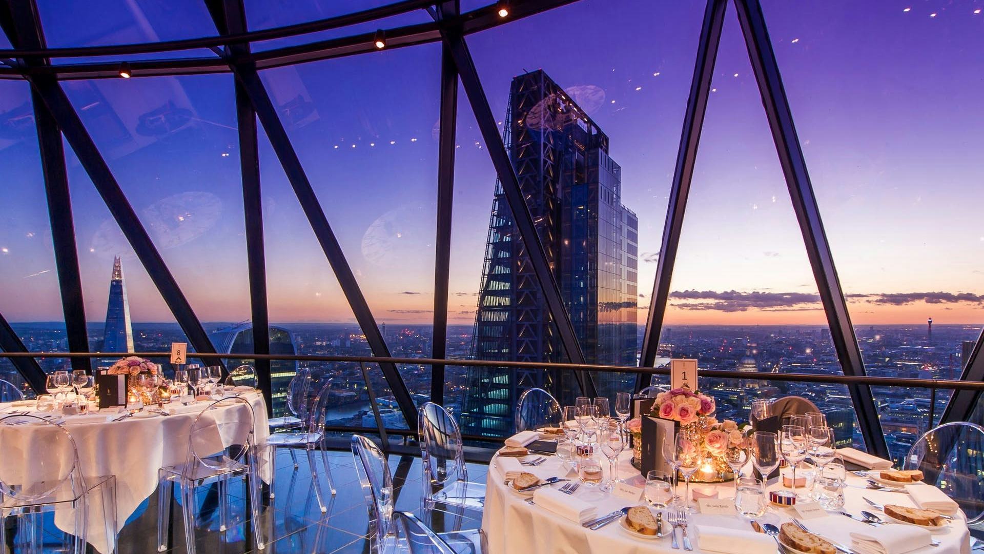 Dining set up at Searcys at The Gherkin
