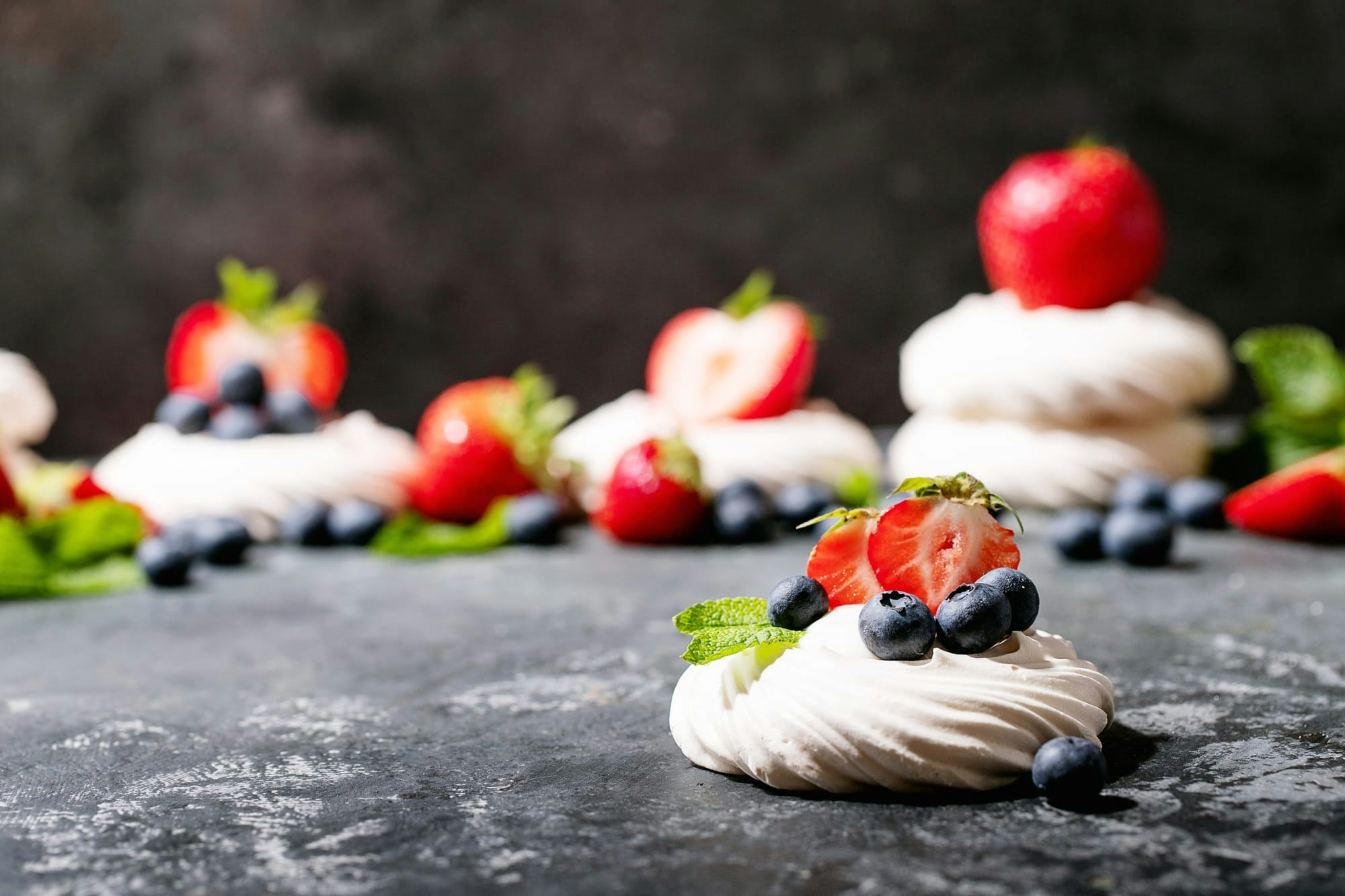 Mini Pavlovas with Stawberries + Blueberries
