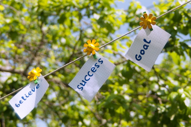 Words "believe", "success" and "goal" on pieces of paper attached to a string outdoors