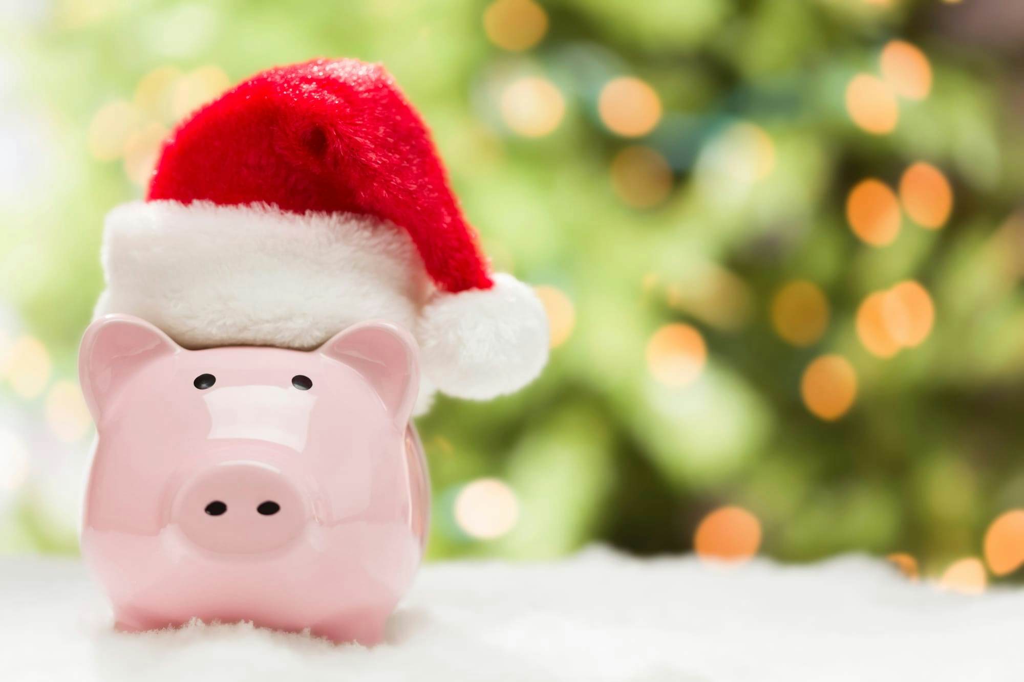 pink piggy bank with santa hat